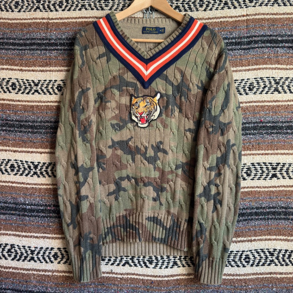 Polo Ralph Lauren V-Neck Cable Knit Sweater Medium Green Camo Tiger Patch